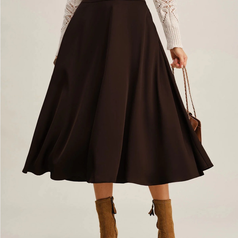Brown A-Line Pleated Midi Skirt